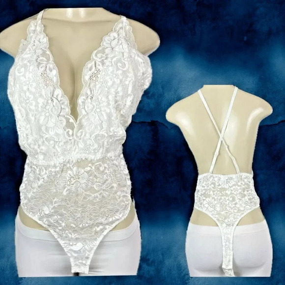 Wishlist L Eggshell Sheer Lace Mesh Plunge Neckline Adjustable Halter Bodysuit - Picture 1 of 5